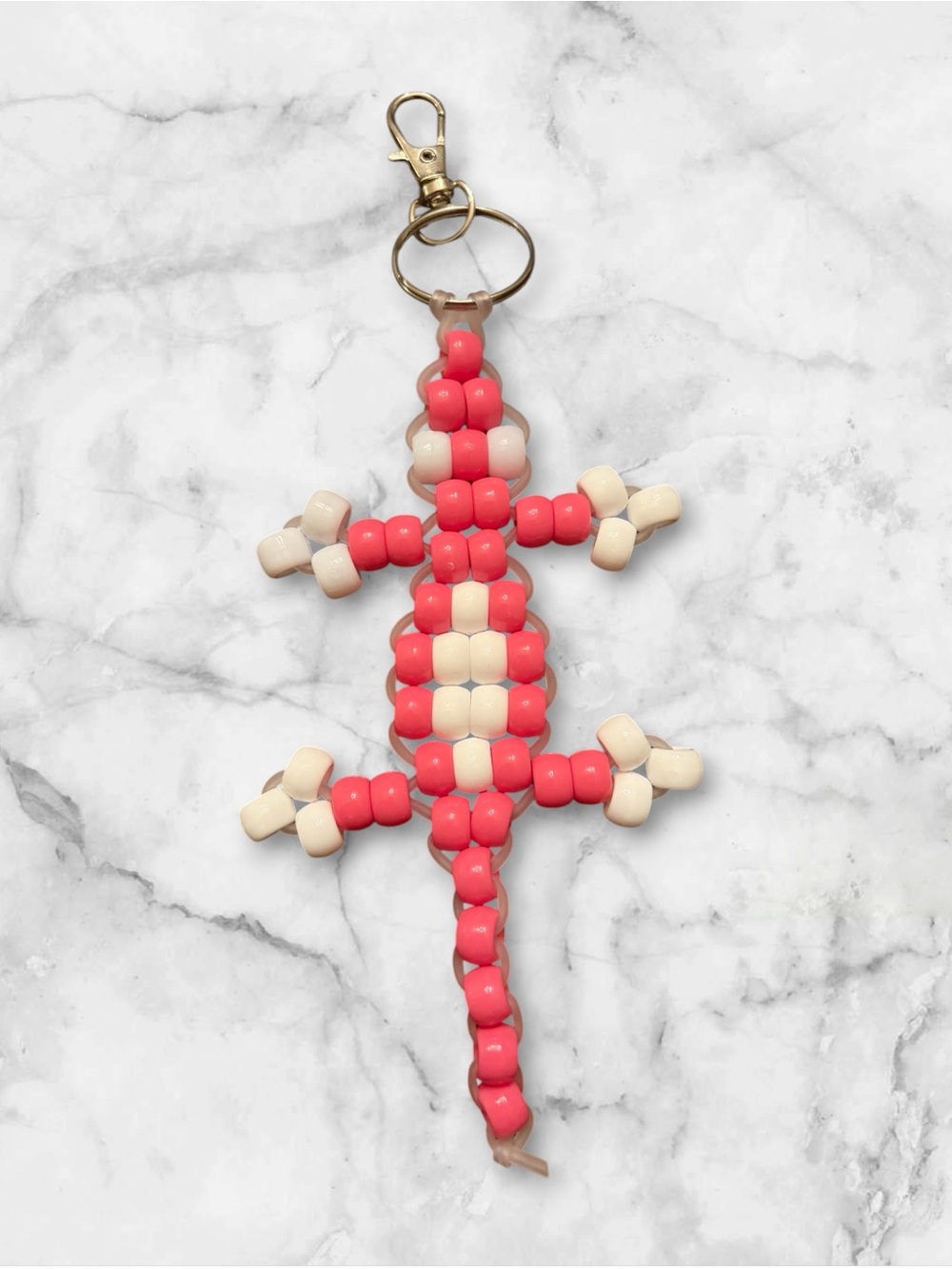 Beaded Lizard Keychain - Coral & Cream